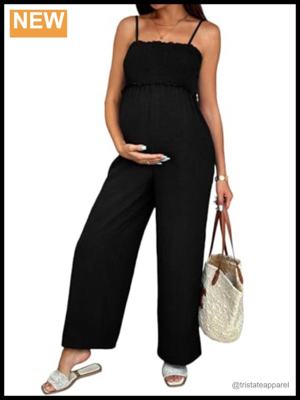 Smocked Maternity Jumpsuit Wide Leg Adjustable Straps